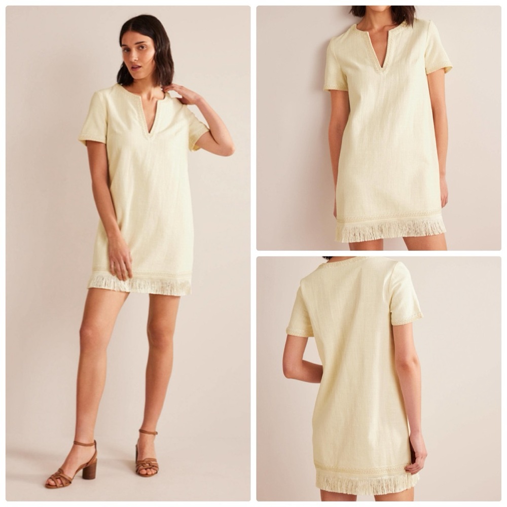 Boden Pale Yellow Shift Dress with Fringe Hem